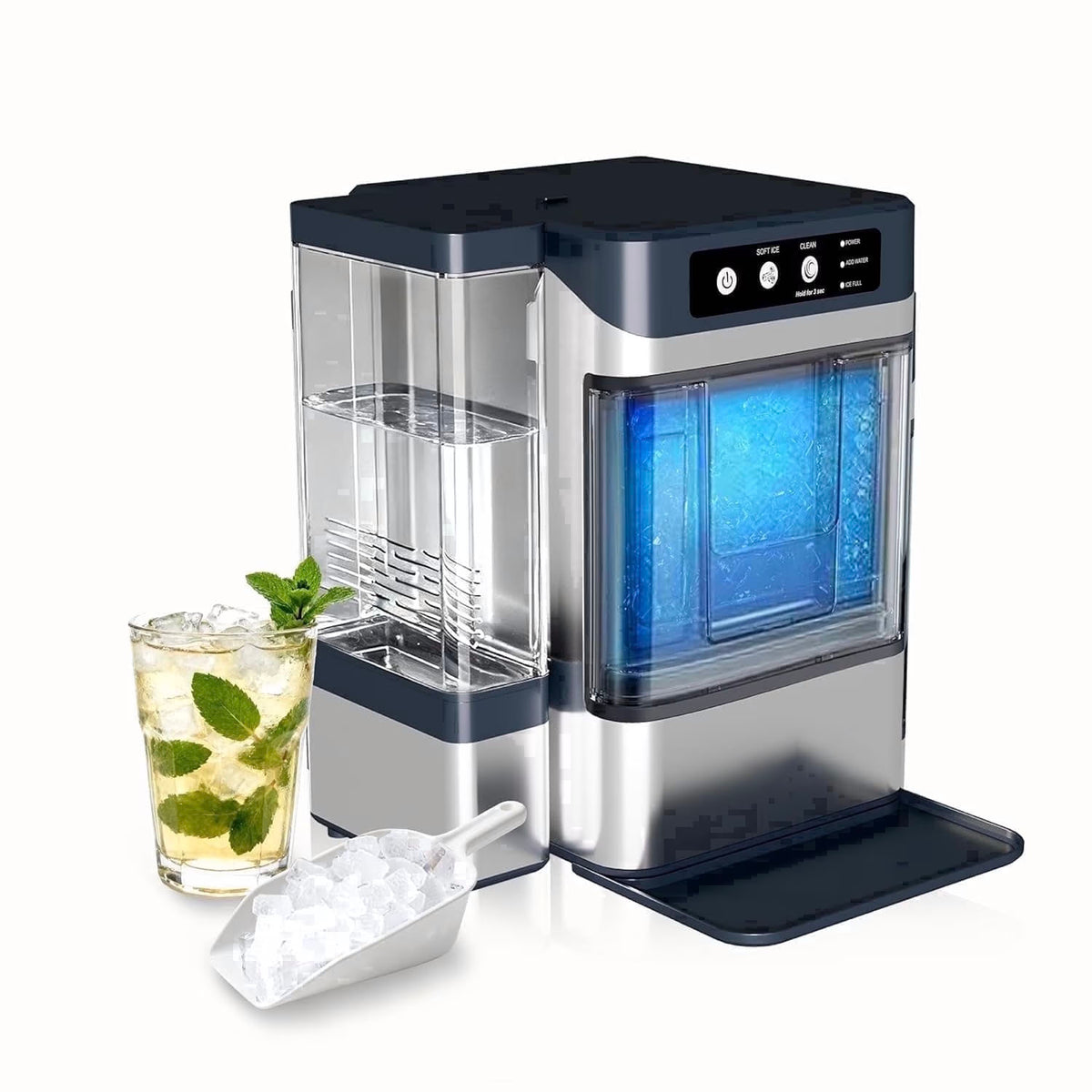 Nugget Ice Maker Countertop, 44.9lbs per Day Soft Chewable Pebble Nugget Ice Machine with with 1.5L Inside and 3L Outside Water Tank, Self-Cleaning