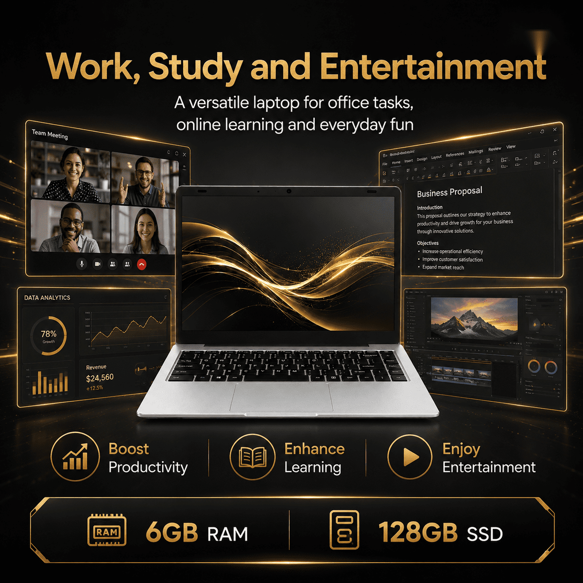 14.1-Inch Full HD Laptop, Intel N3450, 6GB Memory, 128GB SSD, Slim Portable Computer with WiFi, HDMI, Built-In Webcam, Silver