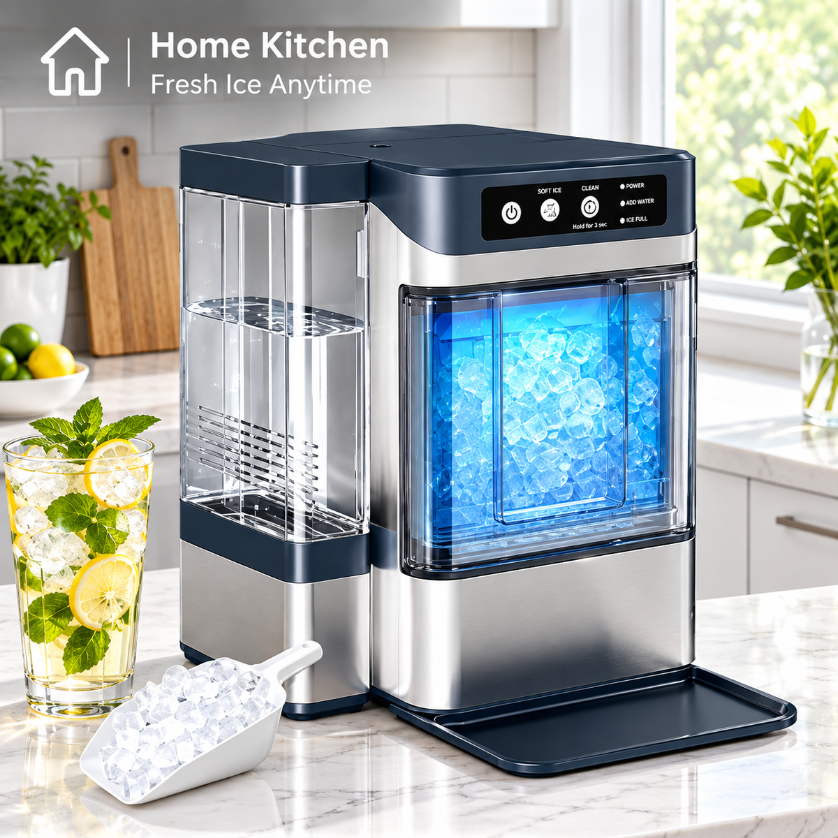 Nugget Ice Maker Countertop, 44.9lbs per Day Soft Chewable Pebble Nugget Ice Machine with with 1.5L Inside and 3L Outside Water Tank, Self-Cleaning