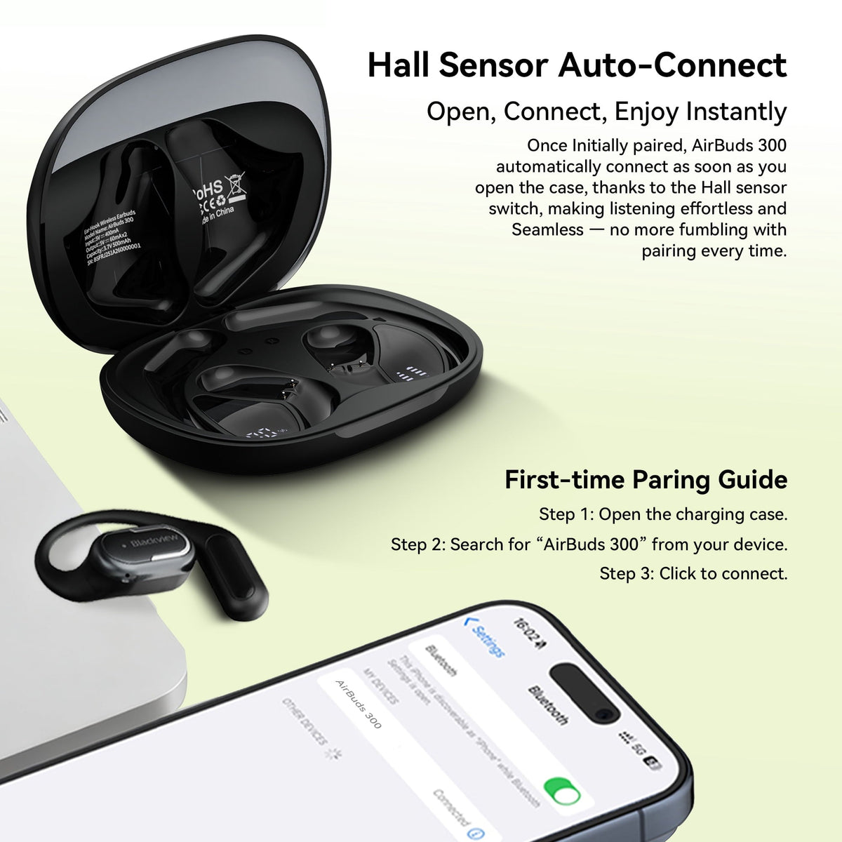 Blackview AirBuds 300 Open Ear Headphones - 28Hrs Digital Display Open-Ear True Wireless Earbuds,Bluetooth 6.0,IPX5 Waterproof & Pro-Level Sound for Active Lifestyles