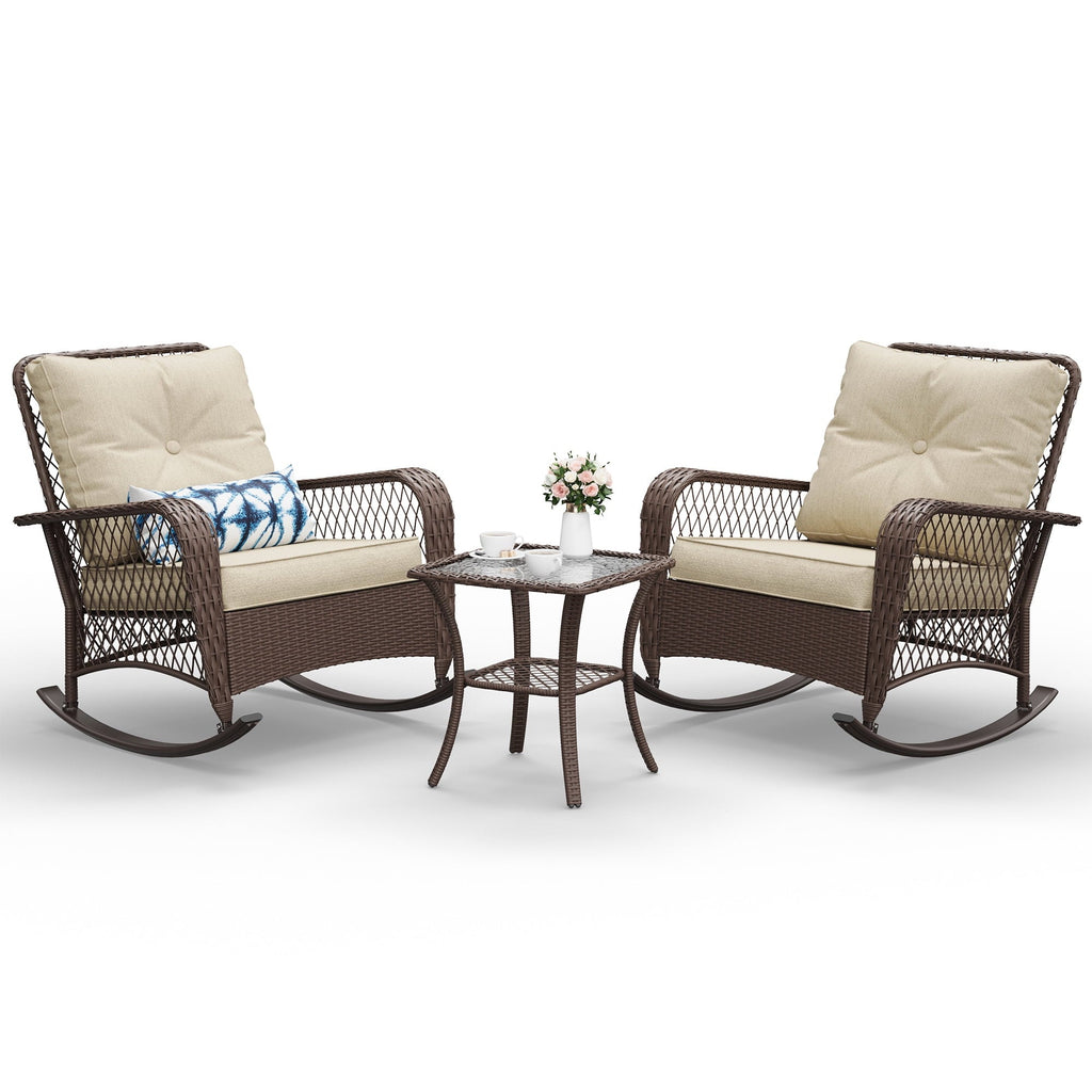 MRUAKA Outdoor Rocking Chairs Set of 3, Wicker Patio Furniture with Thickened Cushions and Table for Porch，350lbs Weight Capacity(Brown & Off-white)