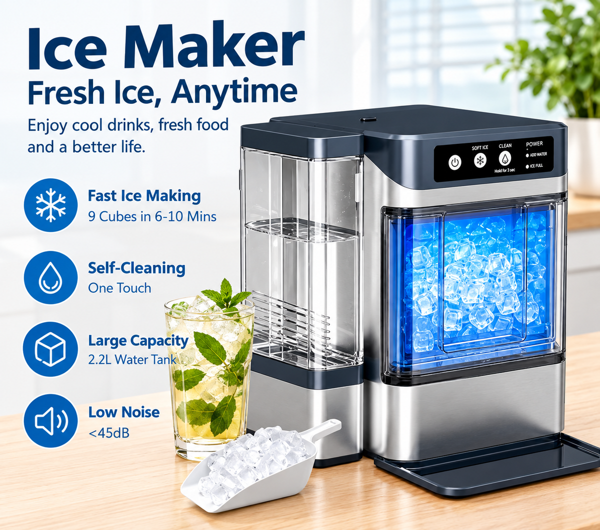 Nugget Ice Maker Countertop, 44.9lbs per Day Soft Chewable Pebble Nugget Ice Machine with with 1.5L Inside and 3L Outside Water Tank, Self-Cleaning