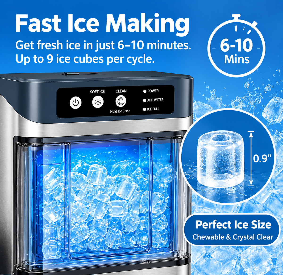 Nugget Ice Maker Countertop, 44.9lbs per Day Soft Chewable Pebble Nugget Ice Machine with with 1.5L Inside and 3L Outside Water Tank, Self-Cleaning