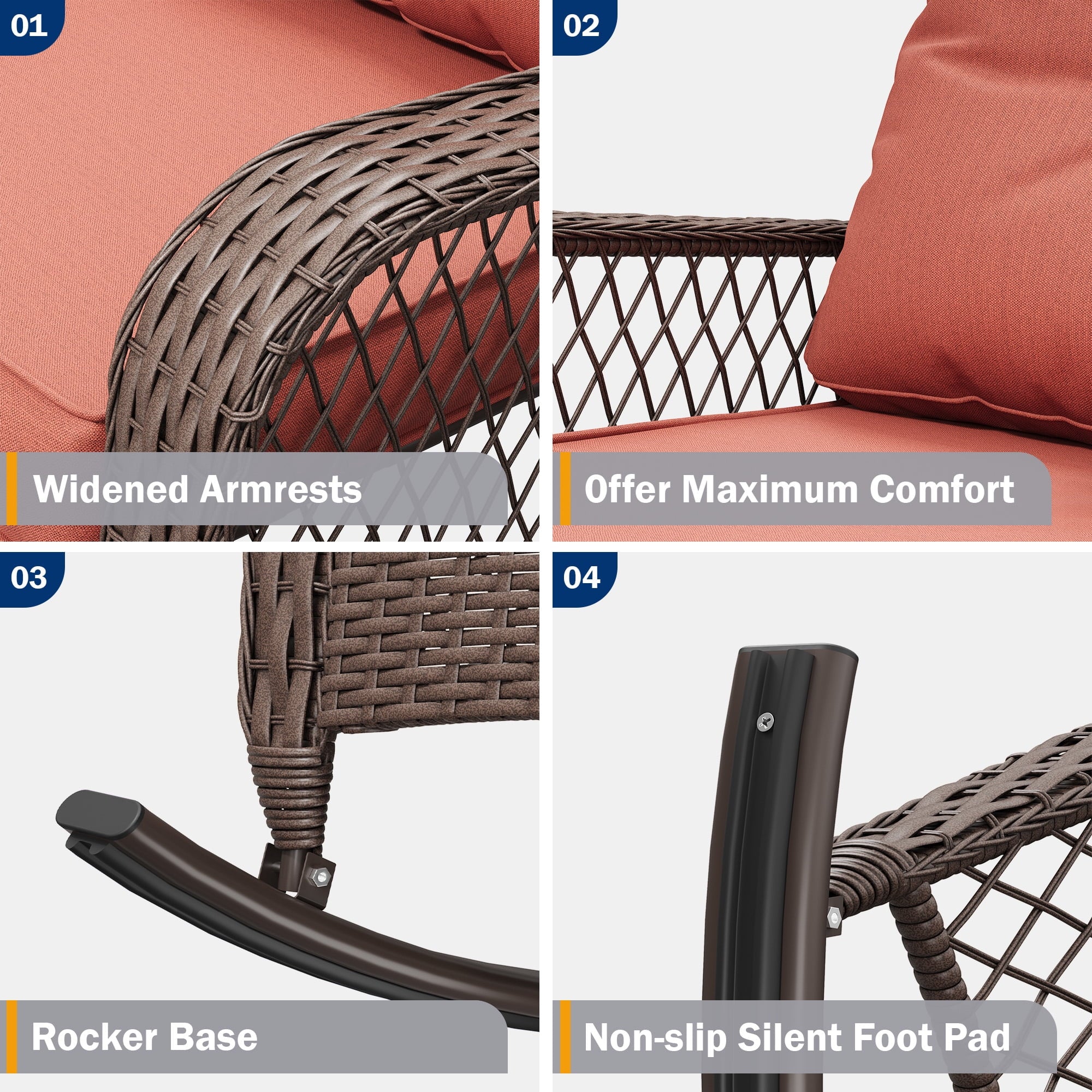 Outdoor Rocking Chairs Set of 3, Wicker Patio Furniture with Thickened Cushions and Table for Porch，350lbs Weight Capacity(Red)