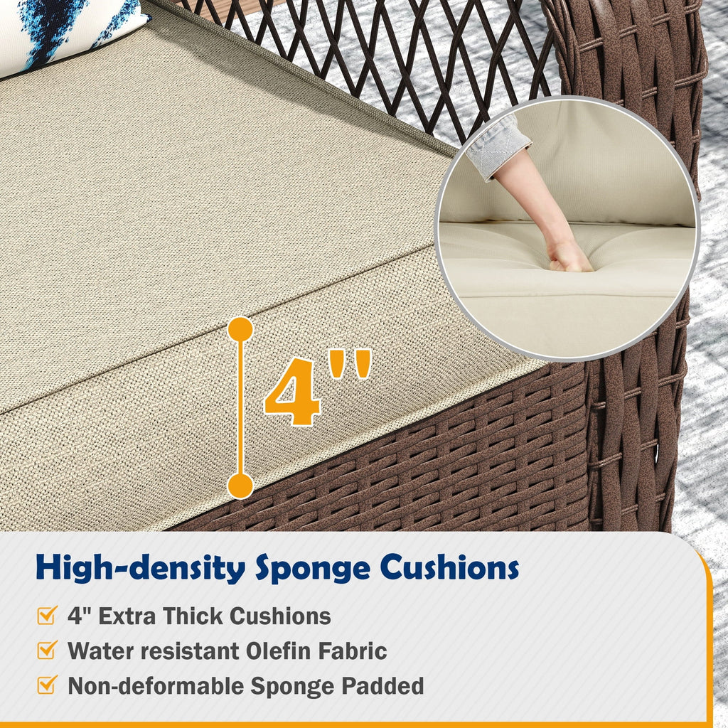 MRUAKA Outdoor Rocking Chairs Set of 3, Wicker Patio Furniture with Thickened Cushions and Table for Porch，350lbs Weight Capacity(Brown & Off-white)