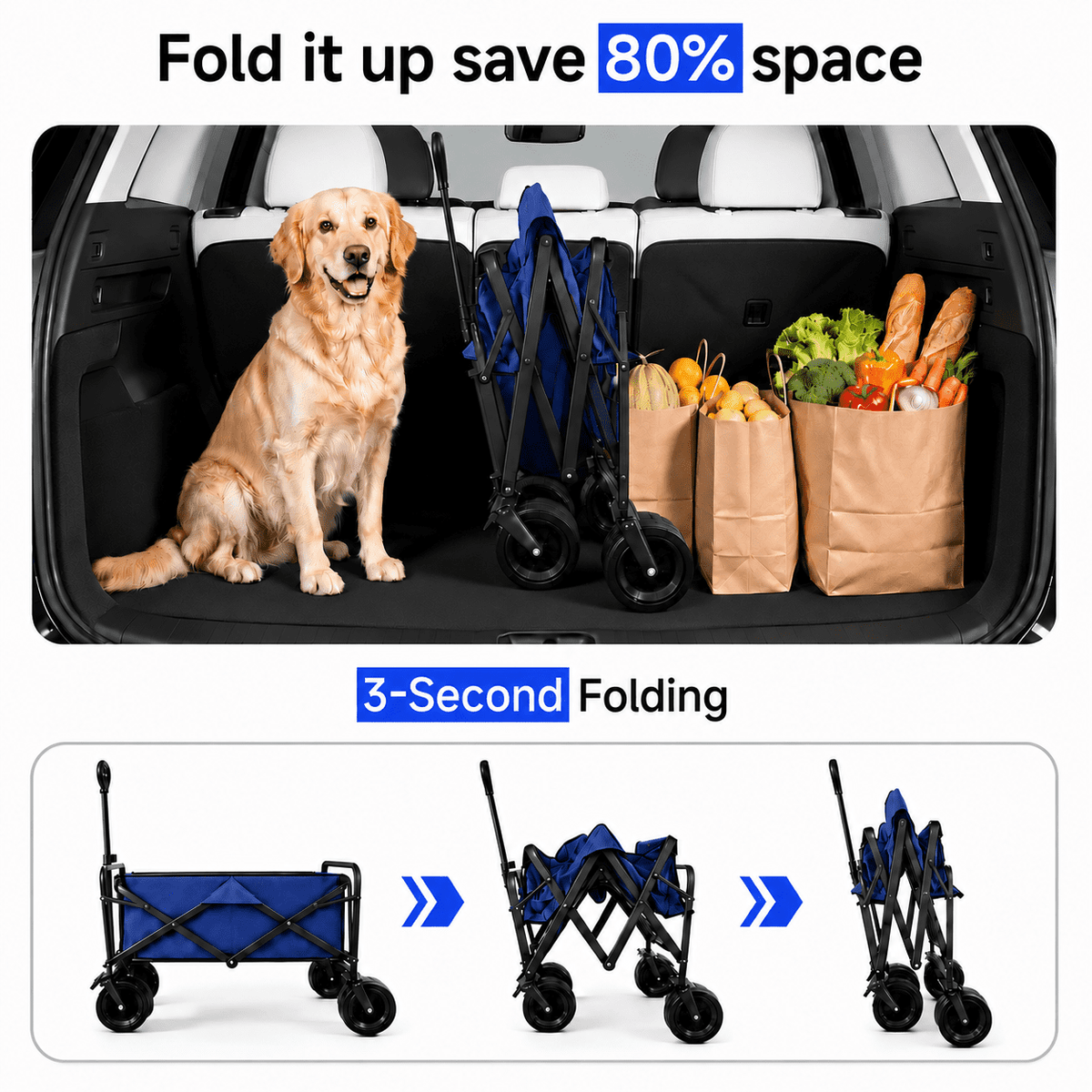 ANSFIL Collapsible Wagon with Wheels, Wagons Carts Foldable Wagon Cart with Flexible Handle, Folding Utility Heavy Duty Wagons Carts for Grocery Shopping Garden，Blue