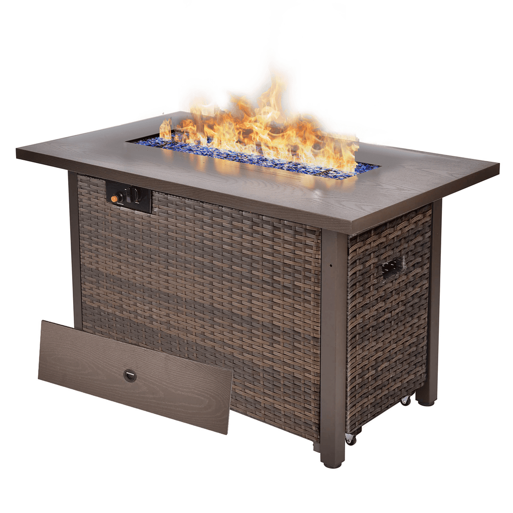 TANGJEAMER42" 55,000 BTU Outdoor Propane Fire Pit Table with Tempered Glass Beads – Hand-Woven Rattan Design with Pull-Out Drawer & Protective Lid