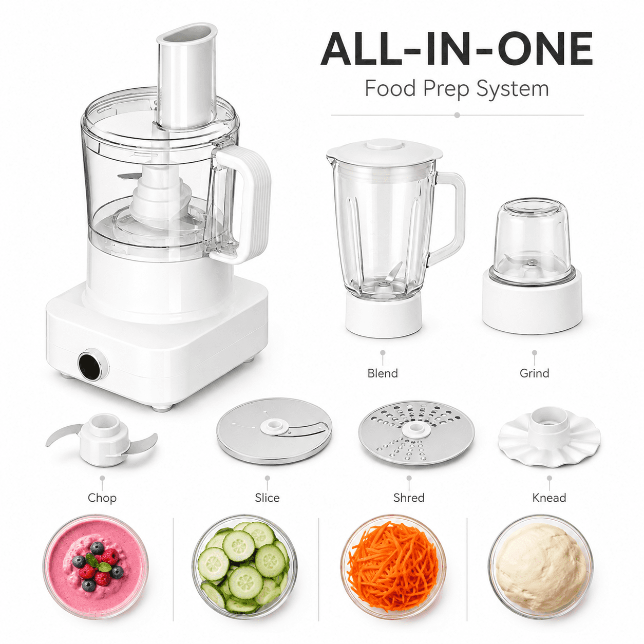 Hicloud Multifunctional Food Processor with Blender, Grinder, Chopper, Slicer, Shredder and Dough Blade, All-in-One Kitchen Prep System for Vegetables, Meat, Smoothies, White