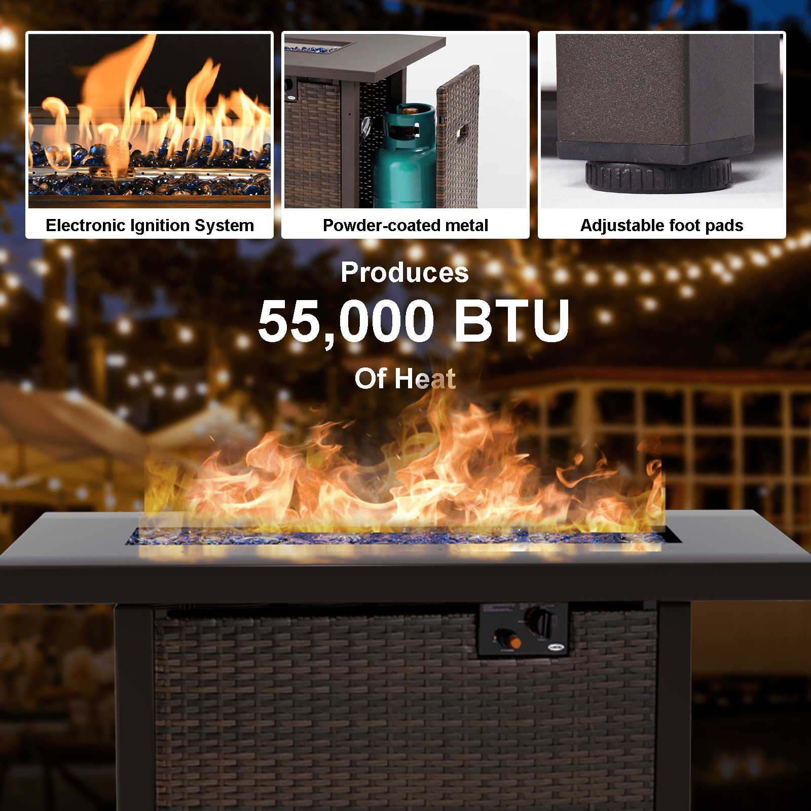 TANGJEAMER42" 55,000 BTU Outdoor Propane Fire Pit Table with Tempered Glass Beads – Hand-Woven Rattan Design with Pull-Out Drawer & Protective Lid