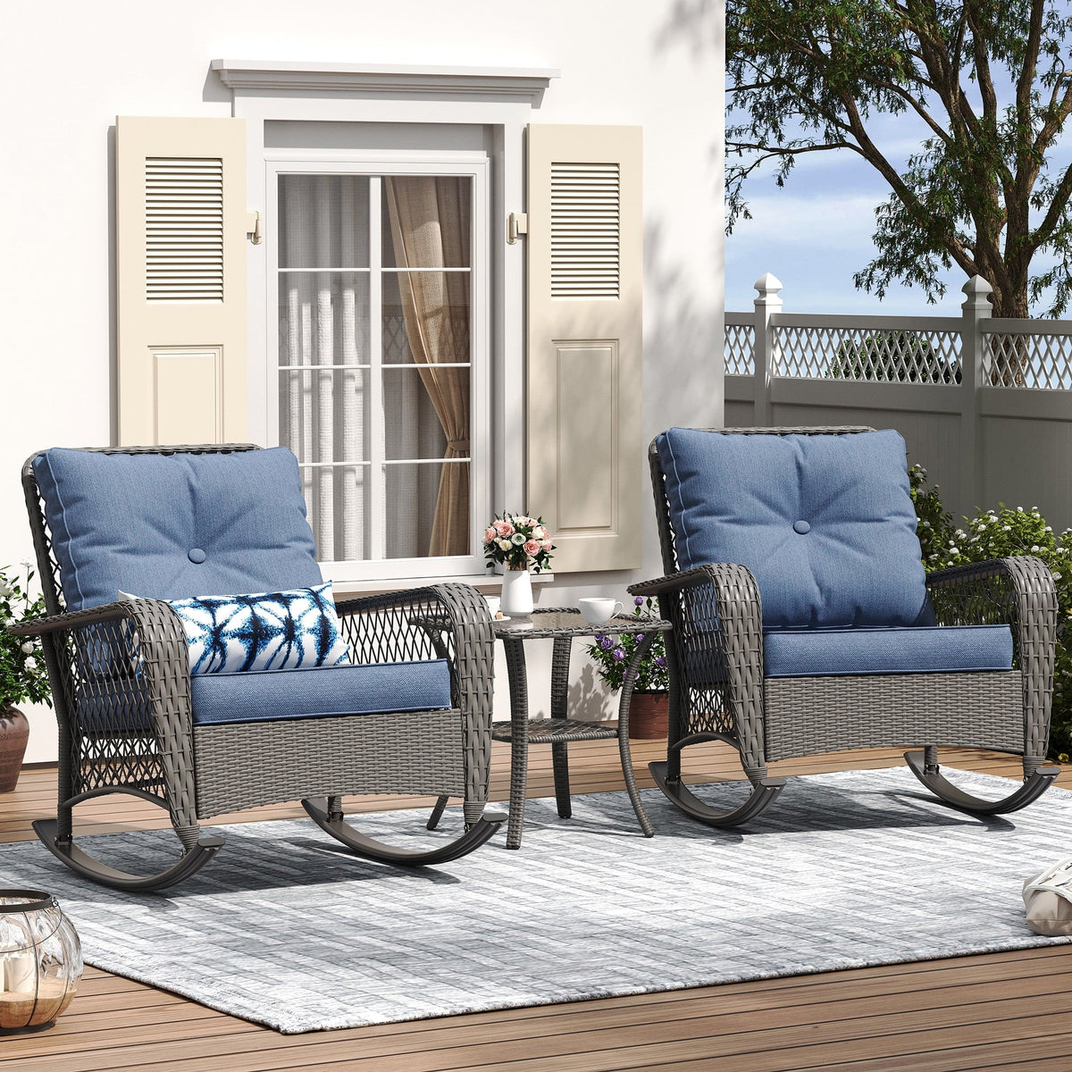 MRUAKA Outdoor Rocking Chairs Set of 3, Wicker Patio Furniture with Thickened Cushions and Table for Porch，350lbs Weight Capacity(Blue)