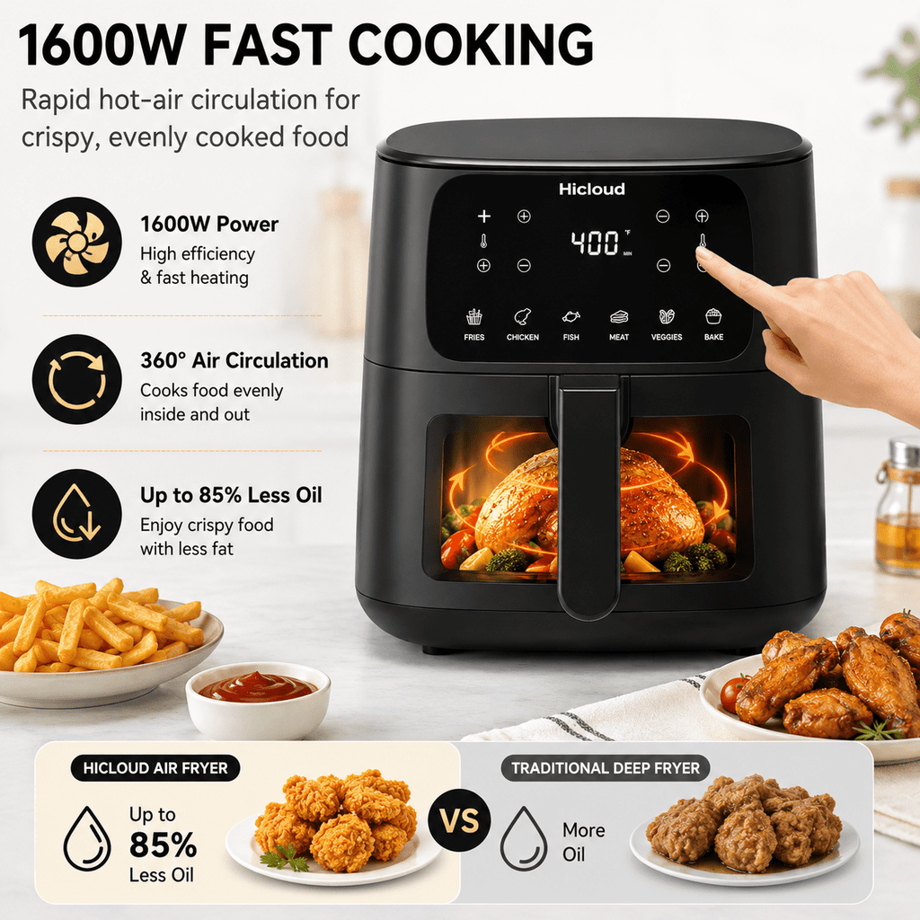 Hicloud 7.5QT Air Fryer, 1600W Large-Capacity Air Fryer with Visible Window, Touchscreen, 6 Cooking Presets, Adjustable Time & Temperature, Nonstick Basket, Black
