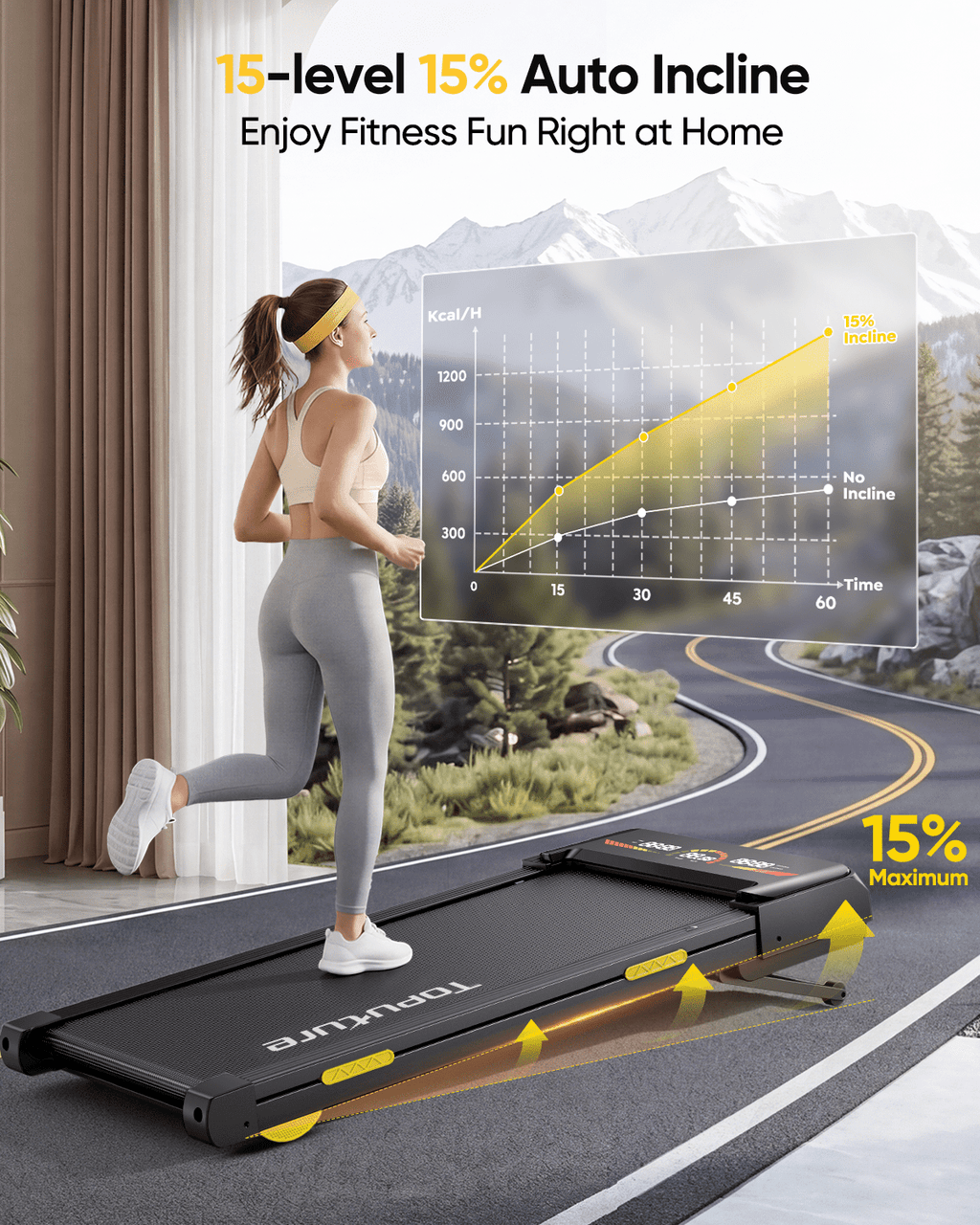 Toputure Walking Pad with 15-Level Auto Incline, Bluetooth APP, 12 Workout Programs, LED Display, Wide Running Belt, Under Desk Treadmill for Home & Office