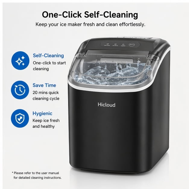 Hicold Countertop Ice Maker, Self-Cleaning Portable Ice Maker Machine, 26.5Lbs/24H Fast 9 Cubes/6Min, with Handle and Ice Scoop, Black for Home Kitchen Bar Camping