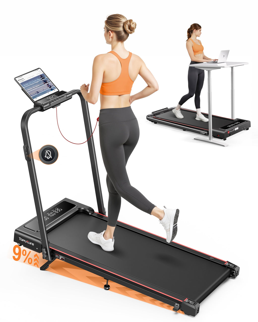 Toputure Walking Pad with 9% Adjustable Incline, 4-in-1 Folding Treadmill with Bluetooth App, LED Display, Remote Control, Compact Walking Pad for Home & Office, 300 lbs Capacity
