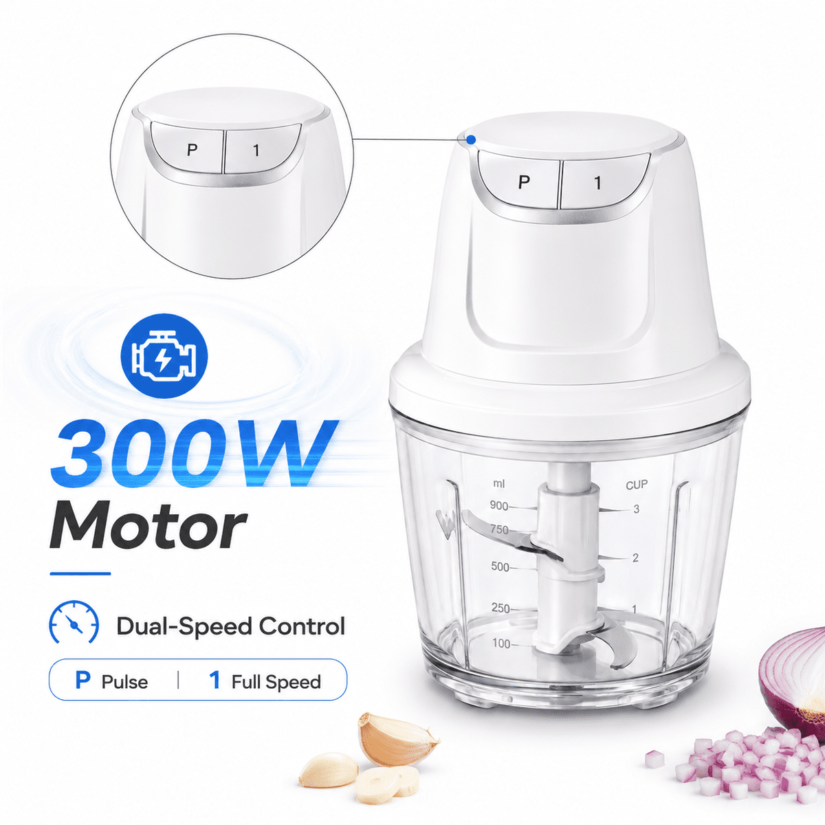 Hicloud White Mini Food Processor, 3 Cup Electric Meat Vegetable Chopper, Constant Speed Control Small Food Grinder for Garlic Onion Baby Food