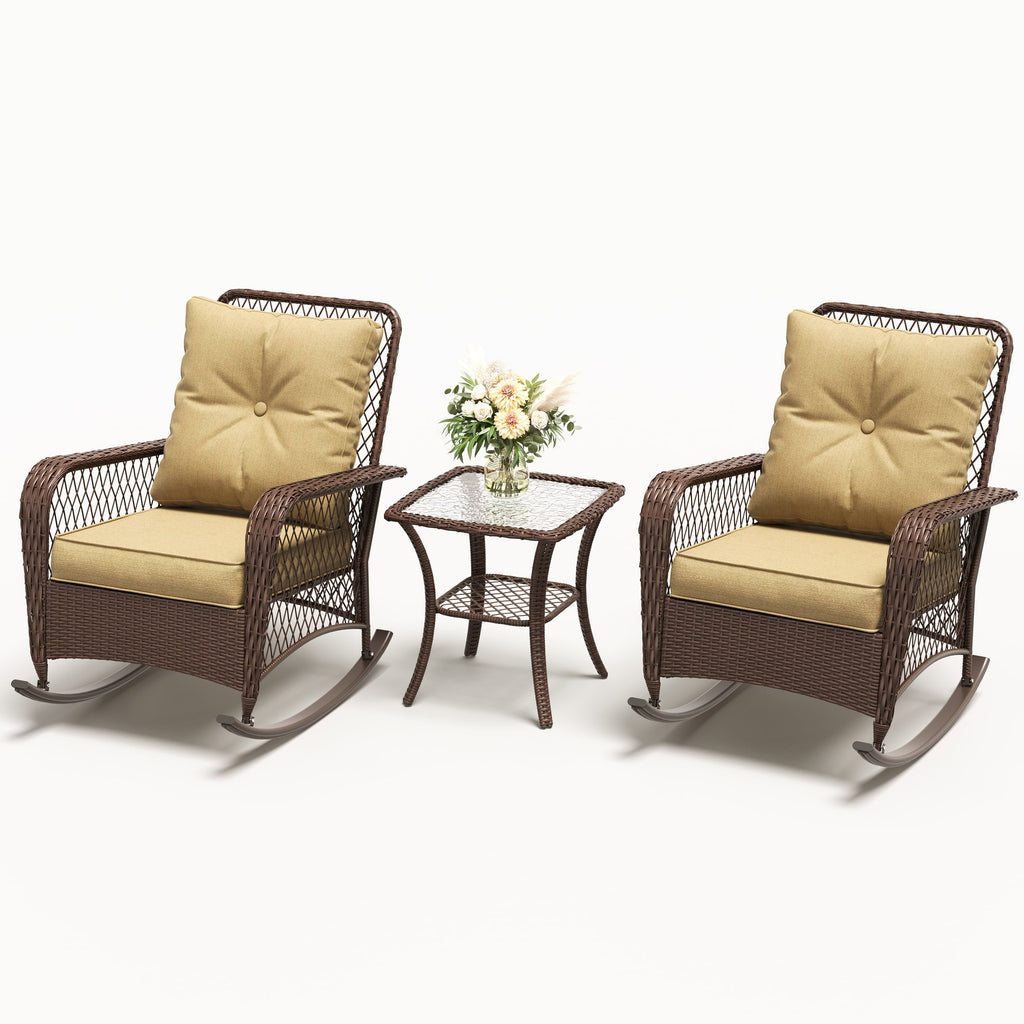 MRUAKA Outdoor Rocking Chairs Set of 3, Wicker Patio Furniture for Porch (Beige)