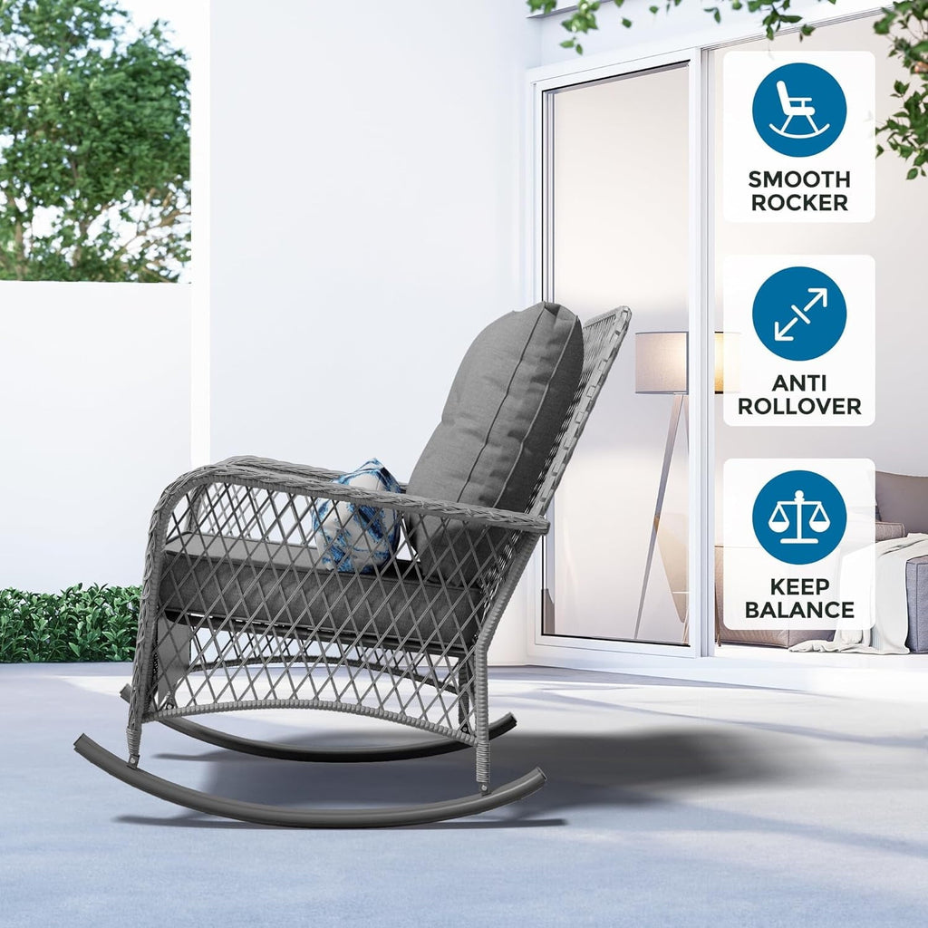 MRUAKA Outdoor Rocking Chairs Set of 3, Wicker Patio Furniture with Thickened Cushions and Table for Porch，350lbs Weight Capacity(Gray)