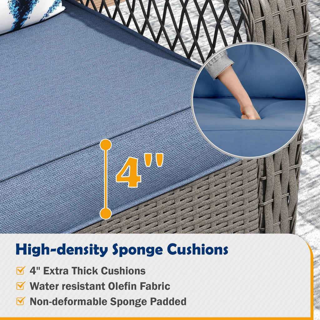 MRUAKA Outdoor Rocking Chairs Set of 3, Wicker Patio Furniture with Thickened Cushions and Table for Porch，350lbs Weight Capacity(Blue)