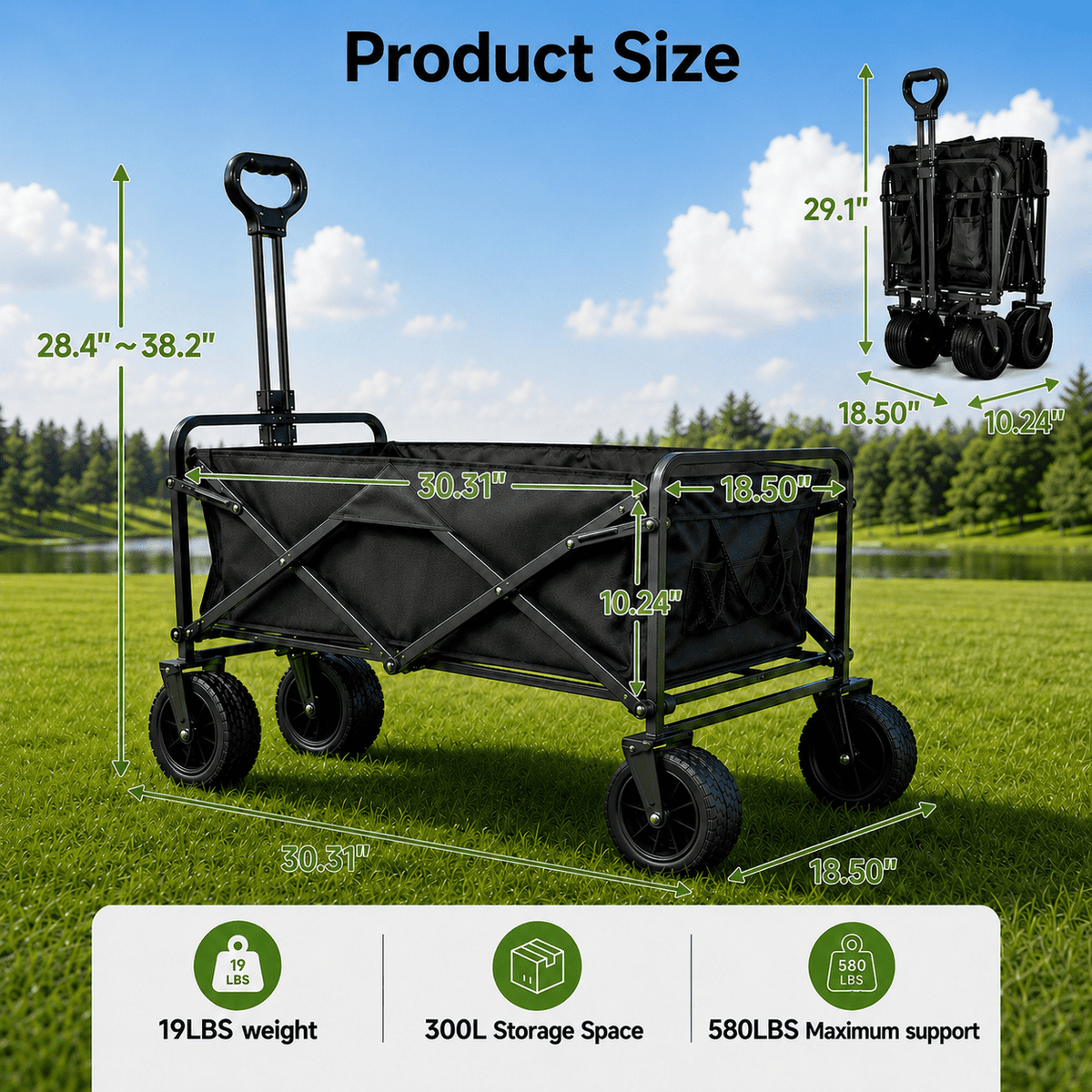 ANSFIL Collapsible Wagon with Wheels, Wagons Carts Foldable Wagon Cart with Flexible Handle, Folding Utility Heavy Duty Wagons Carts for Grocery Shopping Garden