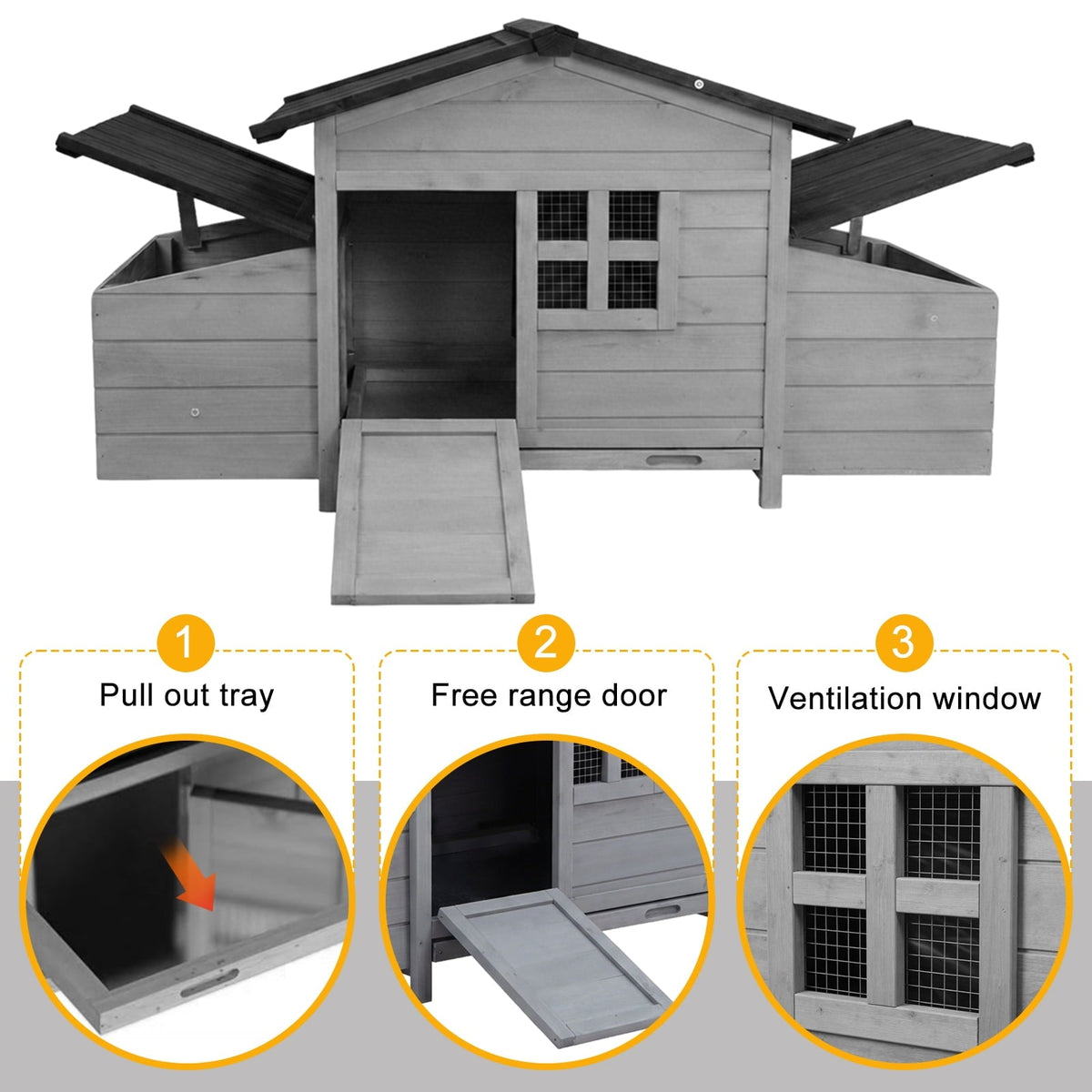 Gaildon Double-Egg-Box Chicken Coop for 2-4 Chickens, Weatherproof Chicken House Poultry Cage with Nesting Box for Outdoor Backyard, Grey
