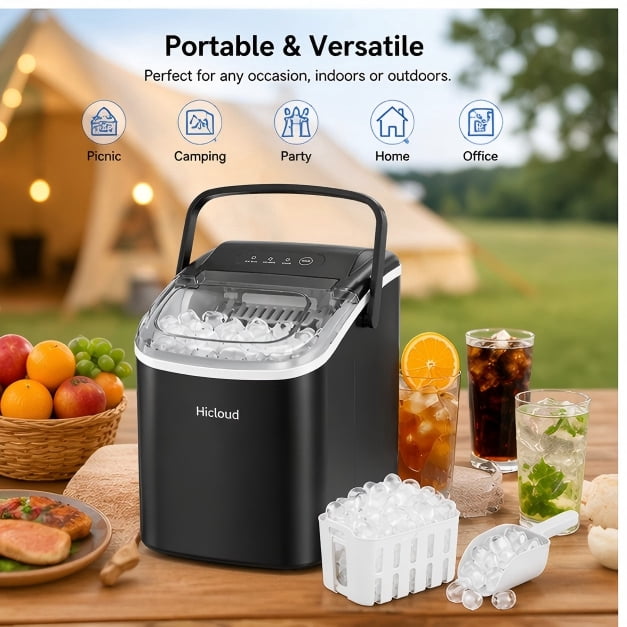 Hicold Countertop Ice Maker, Self-Cleaning Portable Ice Maker Machine, 26.5Lbs/24H Fast 9 Cubes/6Min, with Handle and Ice Scoop, Black for Home Kitchen Bar Camping