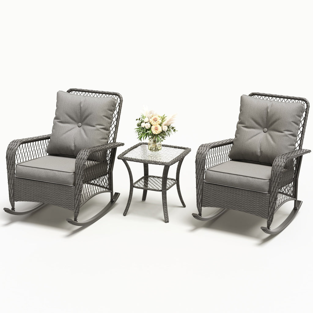 MRUAKA Outdoor Rocking Chairs Set of 3, Wicker Patio Furniture with Thickened Cushions and Table for Porch，350lbs Weight Capacity(Gray)