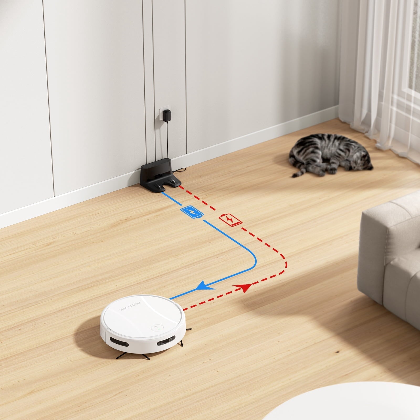 PrettyCare C2-v2 Robot Vacuum and Mop Combo Cleaner, 3-in-1, 8000Pa Suction, 5200mAh Battery, White