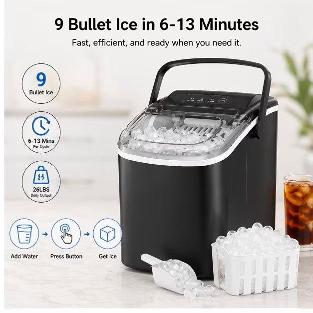 Countertop Ice Maker, Self-Cleaning Portable Ice Maker Machine, 26.5Lbs/24H Fast 9 Cubes/6Min, with Handle and Ice Scoop, Black for Home Kitchen Bar Camping