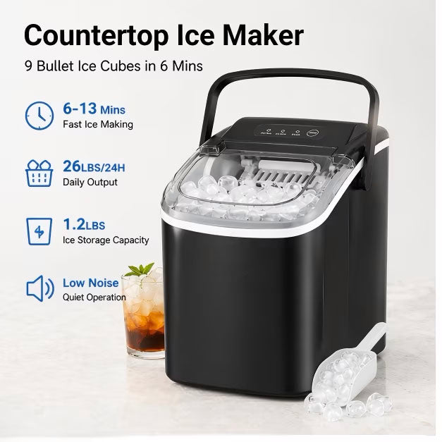 Countertop Ice Maker, Self-Cleaning Portable Ice Maker Machine, 26.5Lbs/24H Fast 9 Cubes/6Min, with Handle and Ice Scoop, Black for Home Kitchen Bar Camping
