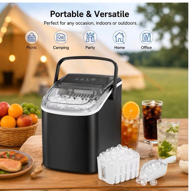 Countertop Ice Maker, Self-Cleaning Portable Ice Maker Machine, 26.5Lbs/24H Fast 9 Cubes/6Min, with Handle and Ice Scoop, Black for Home Kitchen Bar Camping