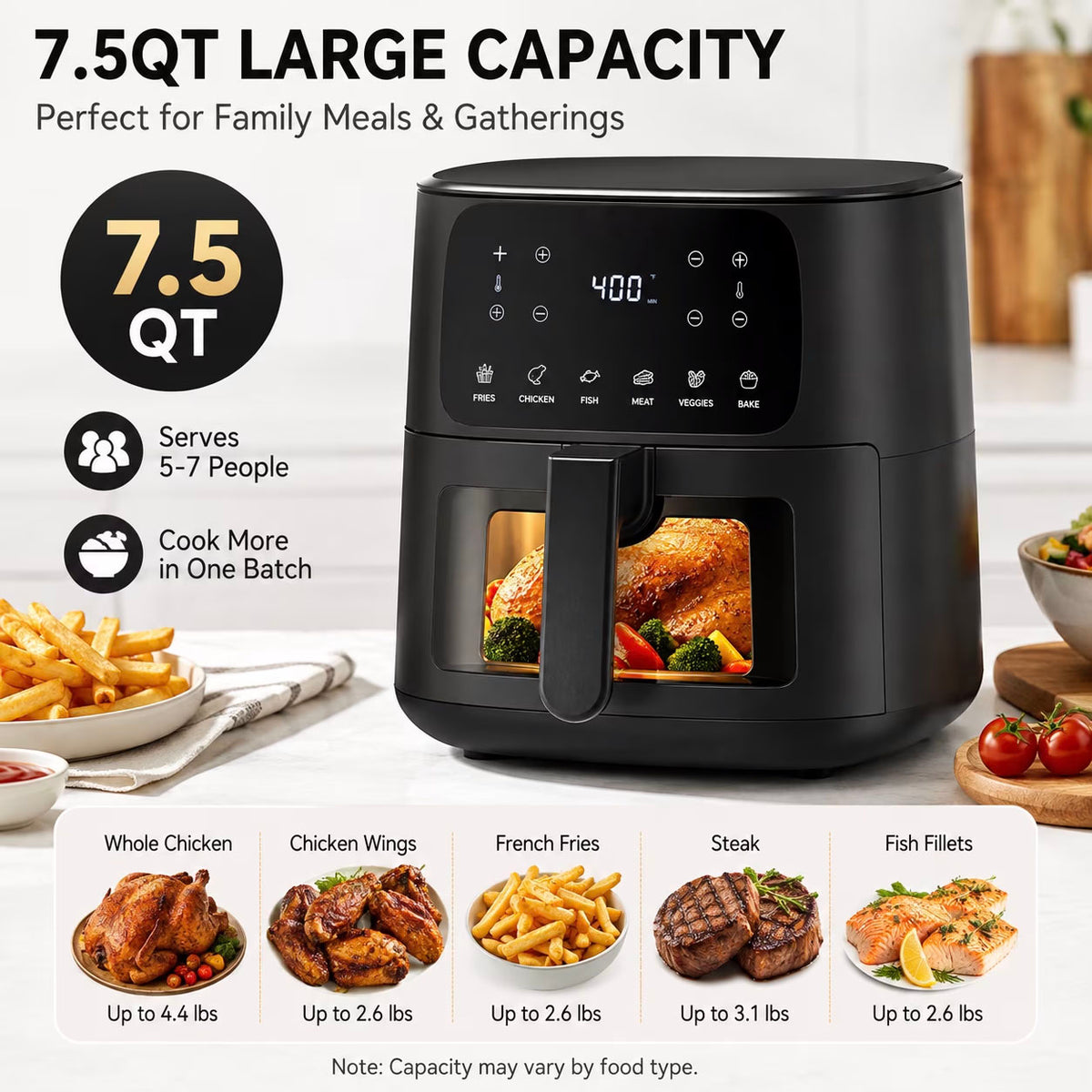 7.5QT Air Fryer, 1600W Large-Capacity Air Fryer with Visible Window, Touchscreen, 6 Cooking Presets, Adjustable Time & Temperature, Nonstick Basket, Black