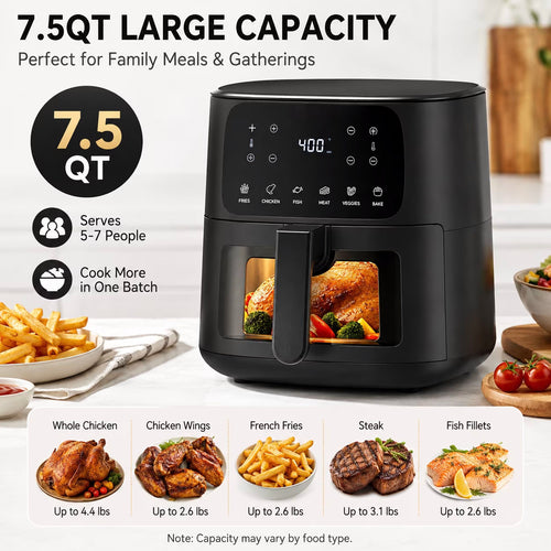 7.5QT Air Fryer, 1600W Large-Capacity Air Fryer with Visible Window, Touchscreen, 6 Cooking Presets, Adjustable Time & Temperature, Nonstick Basket, Black