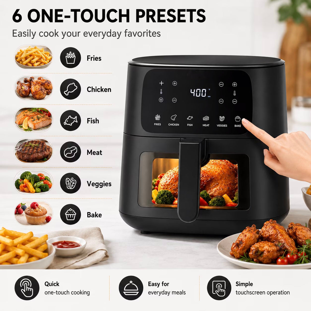 7.5QT Air Fryer, 1600W Large-Capacity Air Fryer with Visible Window, Touchscreen, 6 Cooking Presets, Adjustable Time & Temperature, Nonstick Basket, Black