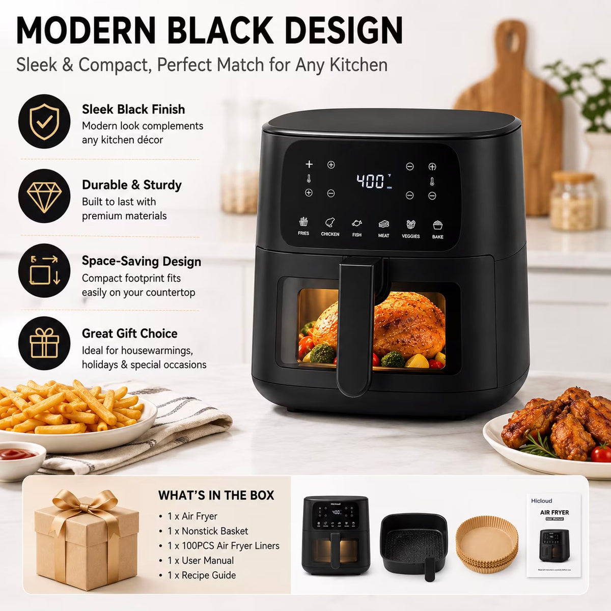 7.5QT Air Fryer, 1600W Large-Capacity Air Fryer with Visible Window, Touchscreen, 6 Cooking Presets, Adjustable Time & Temperature, Nonstick Basket, Black